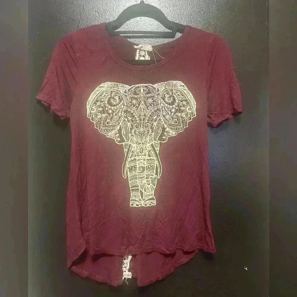 Moonchild Size Medium Graphic Printed Lace Back Spine Blouse Boho Eclectic
